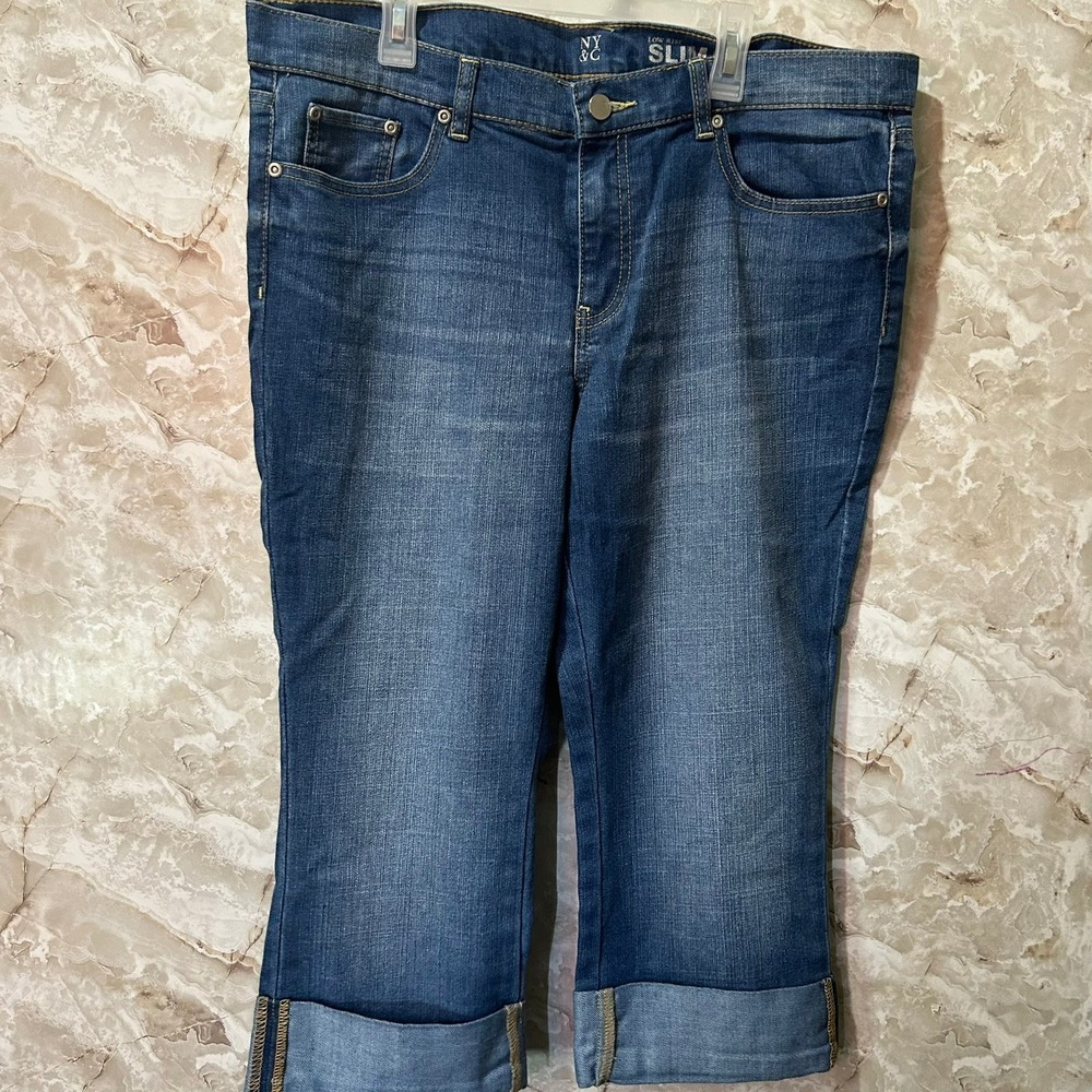 New York & Company Womens Size 14 Slim Low Rise Capri Jeans‎ Cuffed Blue Denim